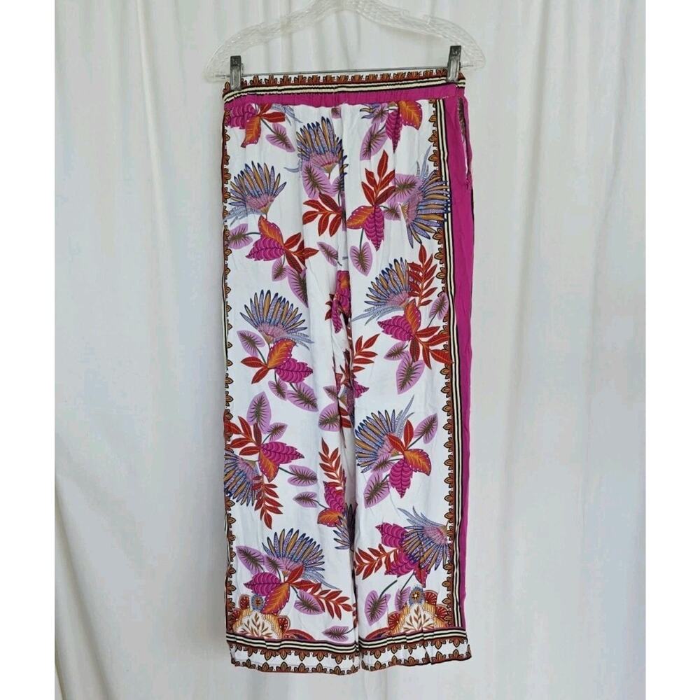 Haute Hippie 100% Rayon Pink White Tropical Floral Wide Leg Pant XS Coastal Boho - Picture 9 of 12